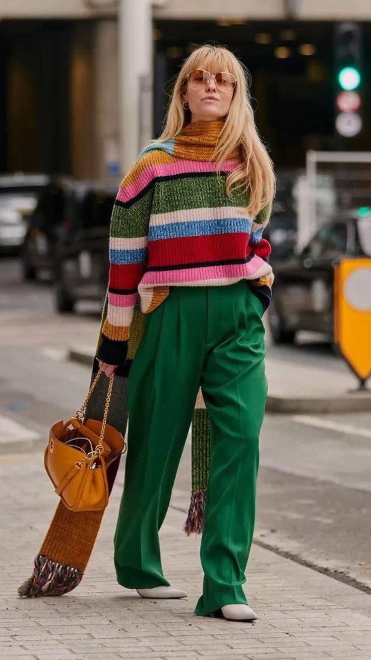 Green Pants with Striped Sweater